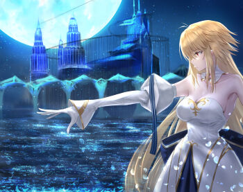 1boy 1girl archetype_earth arcueid_brunestud blonde_hair breasts dress fate/grand_order fate_(series) gloves highres large_breasts marble_phantasm millennium_castle_(tsukihime) moon red_eyes tsukihime white_dress white_gloves yuki_mura_yu