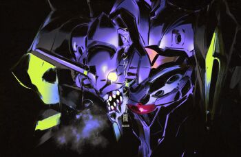 Rule 34 | artist name, breath, commentary request, eva 01, evangelion (mecha), glowing, glowing eyes, highres, horns, hunched over, kubaushi, mecha, mecha focus, neon genesis evangelion, no humans, open mouth, robot, science fiction, single horn, teeth, translation request, twitter username, upper body
