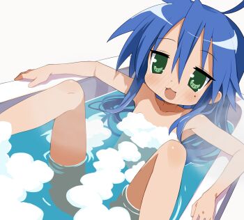 1girl :3 :d absurdres ahoge armpits bathtub blue_hair blush collarbone completely_nude convenient_censoring dot_nose feet_out_of_frame flat_chest foam_on_body green_eyes hair_between_eyes highres in_bathtub indoors izumi_konata jitome long_hair looking_at_viewer lucky_star mole mole_under_eye no_pupils nude ogaoekaki open_mouth sidelocks simple_background smile soap_bubbles soap_censor solo spread_legs straight_hair white_background