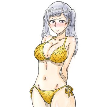 1girl bikini black_clover breasts cleavage collarbone grey_hair highres large_breasts navel noelle_silva purple_eyes solo swimsuit twintails yellow_bikini