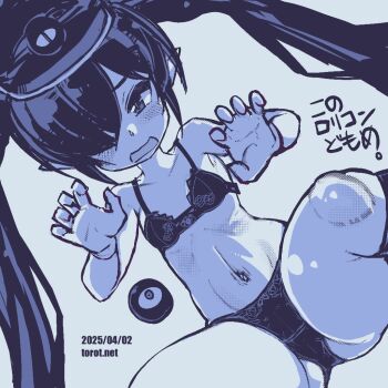 1girl backbeako_(torotei) backbeard blue_background blue_theme blush bra breasts claw_pose commentary dated dated_commentary dutch_angle gegege_no_kitarou gloves hair_over_one_eye hat_ornament kneehighs kono_lolicon_domome loli long_hair looking_at_viewer monochrome navel open_mouth original paid_reward_available panties pointy_ears ribs simple_background sitting small_breasts socks solo spread_legs thighs torotei translated twintails underwear underwear_only visor_cap watermark web_address