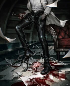 Rule 34 | 1other, bandaged hand, bandages, bleeding, blood, blood on ground, brain, broken glass, chaise longue, coat, floor light, flying paper, glass, hand in pocket, highres, holding, holding nail, indoors, nail (hardware), original, out of frame, paper, shinku syrup, shirt, shirt tucked in, solo, standing, stomping, tile floor, tiles, tube, white coat, white shirt
