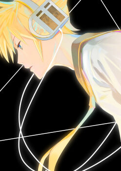 1boy bananafish1111 black_background blonde_hair blue_eyes cable from_side headphones highres kagamine_len male_focus necktie parted_lips profile sailor_collar shirt short_hair solo upper_body vocaloid white_shirt yellow_necktie