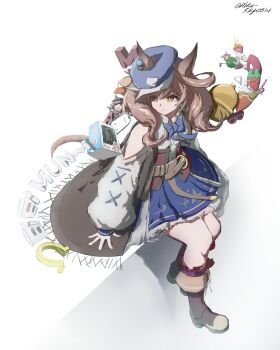 Rule 34 | 1girl, absurdres, animal ears, bell, blue bow, blue hat, blue skirt, boots, bow, breasts, brown boots, brown cape, brown hair, cape, center frills, character doll, clothing cutout, corset, crepe, doll, ears through headwear, ei ei mun!, food, french fries, frills, hair ornament, hairclip, hat, highres, horse ears, horse girl, horse tail, horseshoe, long hair, long sleeves, matikanetannhauser (panpaka tiltott) (umamusume), matikanetannhauser (umamusume), multicolored hair, newsboy cap, red corset, rika-kiyoshi, shirt, shoulder cutout, sitting, skirt, socks, solo, streaked hair, tail, tilted headwear, umamusume, white shirt, yellow eyes