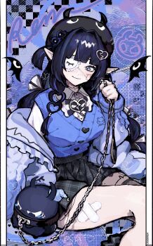 1girl bandaid_on_thigh beret black_hat blue_eyes blue_hair blue_sweater_vest blunt_bangs breasts brooch chain chain_leash closed_mouth commentary earrings english_commentary eyepatch fishnet_thighhighs fishnets hat heart heart_brooch highres horned_hat jacket jewelry large_breasts leash long_hair long_sleeves mikadeon official_alternate_costume official_alternate_hairstyle one_eye_covered open_clothes open_jacket plaid_clothes plaid_skirt pointy_ears rem_kanashibari rem_kanashibari_(2nd_costume) shirt single_thighhigh skirt smile solo sweater_vest thighhighs v4mirai virtual_youtuber white_jacket white_shirt