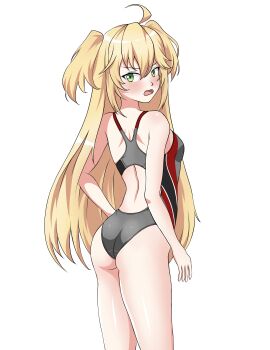 Rule 34 | 1girl, :o, absurdres, admiral hipper (azur lane), angry, ass, azur lane, backless swimsuit, bare shoulders, blonde hair, blush, breasts, competition swimsuit, embarrassed, from behind, green eyes, hair between eyes, highleg, highleg one-piece swimsuit, highres, long hair, looking at viewer, looking back, one-piece swimsuit, redsky, skin tight, small breasts, solo, standing, swimsuit, thighs, very long hair
