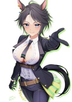 Rule 34 | 1girl, ahoge, animal ears, belt, black gloves, black hair, black jacket, black necktie, black pants, blue eyes, blush, breasts, brown belt, center frills, center opening, cleavage, closed mouth, collared shirt, ear ornament, ear piercing, frilled shirt, frills, fuji kiseki (shooting star revue) (umamusume), fuji kiseki (umamusume), gloves, green outline, hair between eyes, highres, horse ears, horse girl, horse tail, inukai nagisa, jacket, large breasts, long sleeves, looking at viewer, multicolored hair, necktie, no bra, open clothes, open jacket, outline, outstretched arm, pants, partially unbuttoned, piercing, shirt, short hair, simple background, smile, solo, tail, umamusume, white background, white hair, white shirt