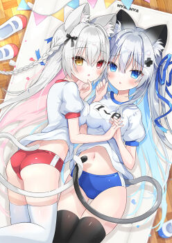 Rule 34 | 2girls, animal ear fluff, animal ears, ass, black thighhighs, blue buruma, blue eyes, blue hair, blush, braid, breast press, breasts, buruma, cat ears, cat girl, cat tail, commentary request, gym shirt, gym uniform, hair ornament, heterochromia, highres, holding hands, interlocked fingers, intertwined tails, long hair, lying, multicolored hair, multiple girls, navel, original, parted lips, pennant, red buruma, red eyes, ribbon, shirt, shoes, short sleeves, string of flags, tail, thighhighs, uwabaki, white hair, white shirt, white thighhighs, wooden floor, yukine