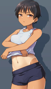 Rule 34 | 1girl, black hair, black shorts, breasts, brown eyes, clothes lift, collarbone, commentary request, dark-skinned female, dark skin, grey hair, hashi, lifting own clothes, navel, one-piece tan, original, shadow, shirt lift, short hair, short shorts, shorts, solo, stomach, tan, tank top, tanline, tomboy, undressing, white tank top