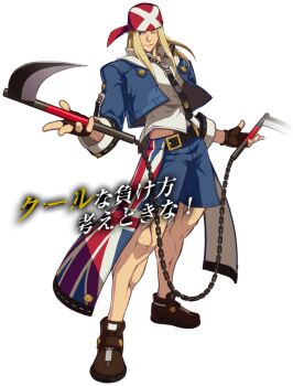 1boy 3d arc_system_works axl_low bandana belt blonde_hair blue_eyes chain denim dual_wielding fingerless_gloves full_body gloves guilty_gear guilty_gear_xrd holding jacket jeans kama_(weapon) kusarigama long_hair male_focus official_art one_eye_closed pants shorts sickle solo transparent_background union_jack weapon zipper