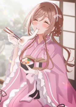 1girl ^_^ absurdres blurry blurry_background blush bowl brown_hair chopsticks closed_eyes commentary_request fingerless_gloves food frilled_sleeves frilled_wristband frills gakuen_idolmaster gloves hanilz highres himesaki_rinami holding holding_bowl holding_chopsticks idolmaster indoors japanese_clothes kimono long_hair long_sleeves mochi mochi_trail obi pink_kimono sash smile solo white_gloves wide_sleeves zouni_soup