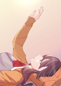 Rule 34 | 1girl, arm up, asakura karen (heaven burns red), black hair, commentary, from side, heaven burns red, highres, hood, hooded jacket, jacket, long hair, lying, on back, outstretched arm, symbol-only commentary, tsuki mi925, yellow eyes