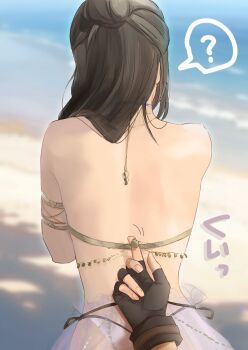 1boy 1girl ? armlet back bare_shoulders beach belly_chain bikini black_gloves black_hair cloud_strife cloud_strife_(maritime_sailor) commentary_request final_fantasy final_fantasy_vii final_fantasy_vii:_ever_crisis fingerless_gloves from_behind gloves hair_bun highres jewelry long_hair official_alternate_costume official_alternate_hairstyle outdoors pov pov_hands ruka_ika sand sarong see-through_clothes see-through_sarong spoken_question_mark string string_pull swimsuit tifa_lockhart tifa_lockhart_(passion_mermaid) upper_body white_bikini