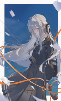 Rule 34 | 1girl, absurdres, bag, bag charm, bang dream!, bang dream! it's mygo!!!!!, black bag, black jacket, black ribbon, black skirt, blue background, border, charm (object), closed mouth, cowboy shot, floating hair, from side, grey hair, grey neckerchief, hair ribbon, highres, holding, holding phone, jacket, light blush, long hair, long skirt, long sleeves, looking down, midriff peek, neckerchief, orange ribbon, outside border, phone, pleated skirt, puffy long sleeves, puffy sleeves, ribbon, sailor collar, school uniform, serafuku, shoulder bag, skirt, solo, togawa sakiko, two side up, very long hair, white border, white sailor collar, wind, xue ni guai, yellow eyes