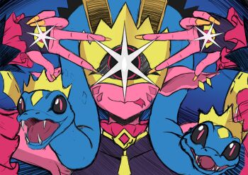 a20580741 crown digimon digimon_(creature) double_v looking_at_viewer mask medusamon snake snake_hair snake_tongue tongue tongue_out v