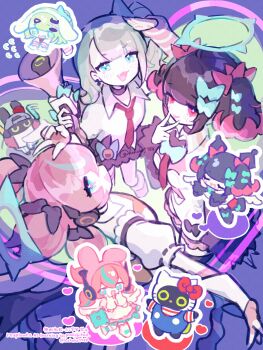 3girls absurdres angels_of_delusion aqua_hair aqua_streaks aria_(zenless_zone_zero) arm_warmers bangboo_(zenless_zone_zero) black_choker black_hair black_skirt black_sleeves blue_eyes blush bow bowtie chibi choker clothing_cutout colored_inner_hair commentary_request dress earrings flying_sweatdrops fur-trimmed_skirt fur-trimmed_sleeves fur_trim glowstick green_bow green_bowtie green_hair green_halo hair_bow halo hand_on_own_head heart hello_kitty highres holding holding_megaphone jewelry leg_warmers looking_at_viewer megaphone multicolored_hair multiple_girls multiple_hair_bows musical_note_earrings nangong_yu navel navel_cutout necktie open_mouth penlight_(glowstick) pink_arm_warmers pink_bow pink_hair pink_leg_warmers ponytail poponnu red_hair red_necktie sanrio shirt short_twintails skirt sparkling_eyes streaked_hair striped_arm_warmers striped_leg_warmers sunna_(zenless_zone_zero) twintails v white_dress white_shirt zenless_zone_zero