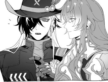2boys argenti_(honkai:_star_rail) armor boothill_(honkai:_star_rail) breastplate bullet_earrings closed_mouth commentary_request cowboy_hat crossed_bangs crosshair_pupils earclip earrings greyscale hair_intakes hair_over_one_eye hand_up hat hat_feather highres honkai:_star_rail honkai_(series) index_finger_raised jacket jewelry korean_commentary long_hair looking_at_another mahan_(mahan3890) male_focus mole mole_under_eye monochrome multicolored_hair multiple_boys notice_lines one_eye_covered open_mouth parted_bangs pauldrons profile sharp_teeth sheriff_badge shoulder_armor simple_background smile streaked_hair teeth upper_body upper_teeth_only white_background zipper zipper_pull_tab