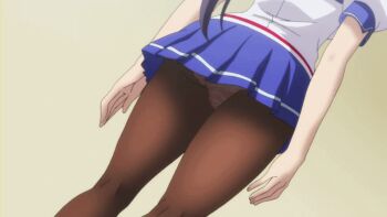 1girl amaya_haruko animated animated_gif ass ass_focus breasts brown_pantyhose cameltoe close-up exercising female_focus fingernails from_behind from_below hair_ribbon indoors kneepits legs long_hair maken-ki! panties panties_under_pantyhose pantyhose pantyshot pleated_skirt ponytail pov purple_hair ribbon school_uniform serafuku skirt smile solo standing striped_clothes striped_panties takami_akio thighs underwear upskirt wall