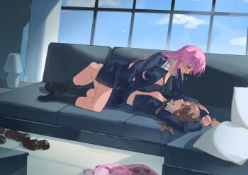 2girls artist_request bang_dream! bang_dream!_it's_mygo!!!!! black_socks blue_shirt blush chihaya_anon chinese_commentary commentary_request commission couch cushion hand_under_clothes hand_under_skirt implied_fingering indoors kneehighs long_hair long_sleeves multiple_girls nagasaki_soyo no_shoes open_clothes open_mouth open_shirt pink_hair school_uniform second-party_source shirt shoes socks tsukinomori_school_uniform unworn_shoes yuri