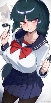 Rule 34 | 1girl, abra, black hair, black sailor collar, black skirt, blunt bangs, blush, breasts, brown pantyhose, gen 1 pokemon, grin, highres, hizake mozu, large breasts, long hair, long sleeves, looking at viewer, nintendo, pantyhose, pokemon, pokemon (creature), pokemon frlg, purple eyes, sabrina (pokemon), sailor collar, shirt, skirt, smile, spoon, thighs, white shirt