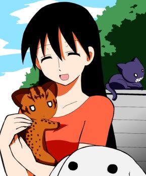 Rule 34 | 1girl, azumanga daiou, black hair, cat, closed eyes, dog, female focus, kamineko, long hair, maya (azumanga), mayaa (azumanga daioh), open mouth, sakaki (azumanga daioh), smile, solo, tadakichi-san, u-tuki