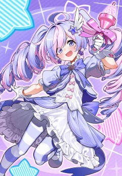 1girl absurdres blue_archive blue_dress blue_hair bow bowtie commentary dress dress_bow drill_hair earrings eyes_visible_through_hair film_grain foot_out_of_frame frilled_dress frills gloves hair_between_eyes hair_ornament halo hand_up highres holding holding_weapon jewelry kabu_(niniko2ko) long_hair looking_at_viewer multicolored_hair outstretched_arm pantyhose pink_bow pink_hair pink_halo puffy_short_sleeves puffy_sleeves purple_background purple_bow purple_bowtie purple_eyes reisa_(blue_archive) reisa_(magical)_(blue_archive) short_sleeves sidelocks simple_background solo sparkle standing standing_on_one_leg star_(symbol) star_earrings star_hair_ornament star_halo streaked_hair striped_clothes striped_pantyhose tareme twin_drills twintails two-tone_dress two-tone_hair upskirt v-shaped_eyebrows very_long_hair weapon white_dress white_gloves wing_hair_ornament