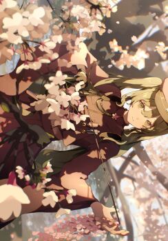 Rule 34 | 1girl, black gloves, blurry, blurry background, cherry blossoms, cropped shirt, furisode sleeves, gloves, gohei, green eyes, green hair, hat, hatsune miku, hatsune miku (ichi no sakura oka), highres, holding, holding gohei, jacket, long hair, long sleeves, looking at viewer, midriff peek, military hat, military uniform, outdoors, pleated skirt, purple hat, purple jacket, purple skirt, senbonzakura (vocaloid), sideways, single glove, skirt, smile, solo, twintails, vocaloid, yuyufufu