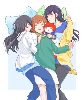 Rule 34 | 3girls, aijou karen, animal-shaped pillow, animal print, baseball bat, baseball helmet, black hair, black pants, blue background, blue pants, blue shirt, blue trim, blush, border, brown hair, cat, cat print, character print, clenched hand, closed eyes, closed mouth, collarbone, commentary request, curled fingers, doll, drooling, facing another, facing viewer, feet out of frame, green shirt, hand up, head on pillow, helmet, holding, holding doll, hood, hood down, hooded jacket, jacket, kagura hikari, kusugaya, long hair, long sleeves, mouth drool, mr. white (revue starlight), multiple girls, open clothes, open jacket, open mouth, outside border, pants, parted lips, pillow, print shirt, purple hair, shirt, short hair, shorts, shoujo kageki revue starlight, side-by-side, sleeping, stuffed animal, stuffed cat, stuffed toy, suzudaru cat, swept bangs, teddy bear, tsuyuzaki mahiru, ufo, white border, white jacket, white shorts, yellow jacket