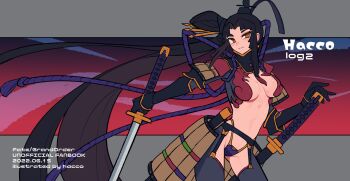 1girl armor black_gloves black_hair black_hat black_thighhighs breasts elbow_gloves facial_mark fate/grand_order fate_(series) forehead_mark garter_belt gloves grin hacco_mayu hair_bun hat highres japanese_armor katana kote long_hair looking_at_viewer medium_breasts navel parted_bangs shoulder_armor side_ponytail sidelocks single_side_bun smile sode solo sword taira_no_kagekiyo_(fate) taira_no_kagekiyo_(third_ascension)_(fate) thighhighs ushiwakamaru_(fate) very_long_hair weapon yellow_eyes