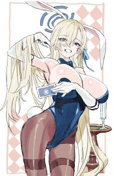 1girl asuna_(blue_archive) asuna_(bunny)_(blue_archive) blonde_hair blue_archive blue_eyes blue_halo blue_leotard breasts brown_pantyhose card elbow_gloves gloves halo highres holding holding_card large_breasts leotard long_hair looking_at_viewer nobita_(makoto7060355) pantyhose playboy_bunny smile solo strapless strapless_leotard white_gloves