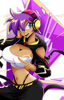 1girl absurdres andoryu_anzuru arms_up bike_shorts black_shoes blue_eyes breasts clothes_writing clothing_cutout collarbone commentary crop_top cropped_hoodie dark-skinned_female dark_skin electricity english_commentary female_focus groin hand_on_headphones head_tilt headphones high_voltage_shantae highres holographic_hair hood hoodie index_finger_raised long_hair narrow_waist navel official_alternate_costume one_eye_closed open_mouth panty_straps ponytail purple_hair shantae shantae_(series) shantae_advance:_risky_revolution shoes shoulder_cutout shrug_(clothing) smile solo standing standing_on_one_leg teeth upper_teeth_only very_long_hair wayforward white_background