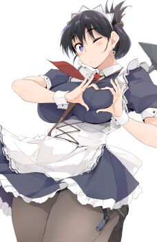 apron arato_nagi black_dress black_hair blue_eyes blush breasts commentary dress earrings four-finger_heart_hands grabbing_own_breast hammer heart heart_hands highres hoop_earrings jewelry large_breasts long_hair looking_at_viewer maid maid_apron maid_headdress necktie one_eye_closed pantyhose pickaxe puffy_short_sleeves puffy_sleeves red_necktie ruri_no_houseki short_sleeves symbol-only_commentary zekkyon
