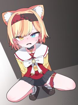 1girl absurdres animal_ear_fluff animal_ears black_shoes black_skirt black_survival blonde_hair blue_eyes blush bow breath cat_ears cat_girl commentary_request commission eternal_return:_black_survival fang full_body hairband heterochromia hh highres irem_(black_survival) looking_at_viewer miniskirt multicolored_hairband petite pleated_skirt red_hairband sex_toy shoes skirt socks solo squatting sweat thigh_strap two-tone_hairband vibrator vibrator_cord vibrator_in_thigh_strap white_bow white_socks yellow_eyes