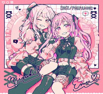 1girl 1other akiyama_mizuki alternate_hairstyle black_ribbon black_shorts character_name commentary_request feet_out_of_frame frilled_pillow frilled_thigh_strap frills grin hair_ribbon hitopm looking_at_viewer midriff navel official_alternate_costume ootori_emu pillow pink_eyes pink_hair pink_pillow project_sekai ribbon rose/pompadour_(project_sekai) shorts side_ponytail sidelocks single_thighhigh sitting smile thigh_strap thighhighs two_side_up v-shaped_eyebrows