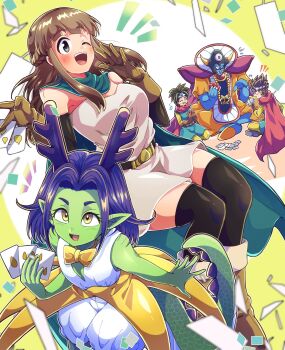 Rule 34 | 2boys, 3girls, :d, ;d, aqua cape, black eyes, black sleeves, black thighhighs, blue gem, blue skin, blue tunic, blunt bangs, blurry, boots, bow, bowtie, braid, breasts, brown boots, brown gloves, brown hair, cape, card, circlet, colored skin, commentary request, confetti, depth of field, detached sleeves, dragon girl, dragon horns, dragon quest, dragon quest iii, dragon quest monsters super light, dragon tail, dress, eastern dragon horns, fake horns, fingernails, flying sweatdrops, gem, gloves, green scales, green skin, helmet, hero (dq3), heroine (dq3), heroine (dqmsl), highres, holding, holding card, horned helmet, horns, in-franchise crossover, indian style, jewelry, large breasts, long hair, looking at viewer, looking up, monster boy, monster girl, multiple boys, multiple girls, necklace, one eye closed, open mouth, orange robe, otyumamii, pants, parted hair, pink cape, pointy ears, purple hair, purple horns, red eyes, robe, roto (dq3), sharp fingernails, sharp teeth, shinri (dragon quest), side braid, silver circlet, sitting, skull necklace, smile, spiked hair, strapless, strapless dress, tail, teeth, thighhighs, triclops, tunic, white dress, yellow bow, yellow bowtie, yellow eyes, yellow pants, yellow sleeves, zettai ryouiki, zoma