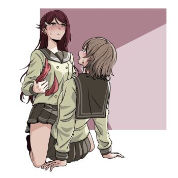 2girls blush cottonswab336 looking_down looking_up love_live! love_live!_sunshine!! multiple_girls sakurauchi_riko school_uniform sitting sitting_on_person undressing watanabe_you yuri
