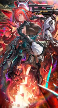 Rule 34 | 1girl, absurdres, arknights, arknights: endfield, armpits, breasts, cleavage, closed mouth, commentary, ember (arknights), english commentary, gloves, hair between eyes, hair intakes, hair over one eye, halo, highres, holding, holding sword, holding weapon, large breasts, long hair, multicolored hair, red hair, rhine (overtonerhine), solo, streaked hair, sword, weapon, white gloves, yellow eyes