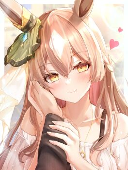 1girl 1other absurdres animal_ears bare_shoulders blush brown_hair closed_mouth collarbone commentary_request double-parted_bangs ear_ornament hair_between_eyes hand_on_another&#039;s_arm hand_on_another&#039;s_face heart highres horse_ears horse_girl jewelry long_hair long_sleeves looking_at_viewer necklace off-shoulder_shirt off_shoulder pov satono_diamond_(umamusume) shirt sky_cappuccino umamusume upper_body
