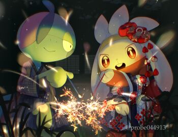 black_eyes blurry blush bright_pupils closed_mouth clothed_pokemon commentary_request drizzile film_grain fireworks gen_8_pokemon highres holding nintendo no_humans open_mouth pokemon pokemon_(creature) purobe raboot red_eyes smile sparkler teeth upper_teeth_only white_pupils