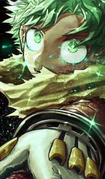 1boy boku_no_hero_academia gauntlets green_eyes green_hair highres looking_at_viewer male_focus midoriya_izuku nanash_0 scarf solo spiked_hair upper_body yellow_scarf