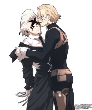 2boys absurdres black_necktie black_sclera blonde_hair bodysuit colored_sclera cracked_skin dr._stone gloves gun hair_slicked_back highres holster holstered knife licking licking_another&#039;s_face long_sleeves looking_at_another male_focus mitsuru_(aica_hikari) multiple_boys necktie shirt short_hair simple_background stanley_snyder_(dr.stone) thigh_holster tongue tongue_out weapon white_background white_gloves white_hair white_shirt xeno_(dr.stone) yaoi