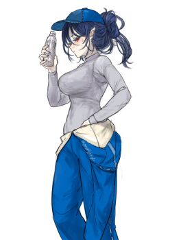 Rule 34 | 1girl, alternate costume, alternate hairstyle, alternate headwear, baseball cap, blue hair, blue hat, blue jacket, blue pants, blush, bottle, breasts, clothes around waist, contemporary, gonglijeongli, grey shirt, hat, highres, holding, holding bottle, iizunamaru megumu, jacket, jacket around waist, large breasts, looking at viewer, missing wings, pants, pointy ears, red eyes, shirt, simple background, solo, touhou, twitter username, white background