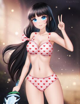 1girl armpits black_hair blue_eyes blue_sword blurry blurry_background bow bra breasts commission cowboy_shot film_grain gigamessy hair_bow heart heart_print highres holding holding_sword holding_weapon long_hair looking_at_viewer medium_breasts midriff navel original panties pink_bow pink_bra pink_panties solo spikey_sword sword underwear v weapon