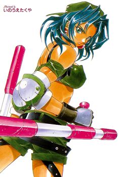 Rule 34 | 1990s (style), 1girl, angry, armband, belt, blue hair, crop top, dual wielding, earrings, elbow pads, gloves, green eyes, hat, holding, inoue takuya, jewelry, looking at viewer, looking back, midriff, non-web source, police, police uniform, policewoman, retro artstyle, shorts, signature, simple background, solo, tonfa, toushinden, tracy (toushinden), weapon, white background