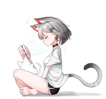 1girl animal_ears barefoot black_choker black_shorts breasts cat_ears cat_girl cat_tail choker closed_eyes dolphin_shorts extra_ears flying_sweatdrops from_side full_body grey_hair handheld_electric_fan highres indian_style maro_(neneko_mashiro) multicolored_hair neneko_mashiro red_hair shirt short_hair short_sleeves shorts simple_background sitting sseonyu stellive streaked_hair tail virtual_youtuber white_background white_shirt wind