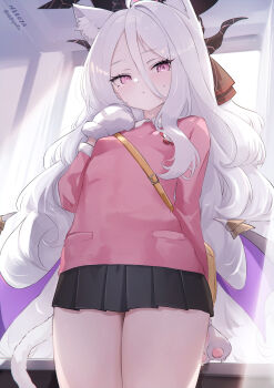 1girl absurdres animal_ears animal_hands black_skirt blue_archive cat_ears commentary halo highres hina_(blue_archive) horns kindergarten_uniform long_hair nekoya_(liu) skirt solo white_hair wings