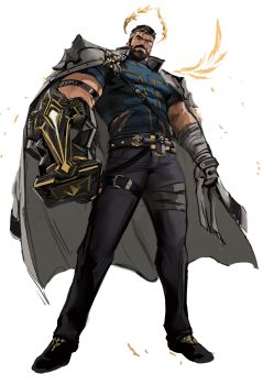 1boy bandaged_leg bandaged_wrist bandages bara beard black_hair blue_shirt connected_beard dopey_(dopq) dungeon_and_fighter facial_hair highres jacket jacket_on_shoulders male_crusader_(dungeon_and_fighter) male_focus male_priest_(dungeon_and_fighter) mature_male monk_(dungeon_and_fighter) muscular muscular_male pants power_fist priest_(dungeon_and_fighter) scar scar_across_eye scar_on_face shirt white_jacket