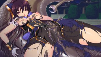 1girl black_pantyhose blush breasts game_cg genseishinki_sacred_virth gloves large_breasts large_variant_set long_hair magical_girl monster nipples non-web_source official_art open_mouth pantyhose purple_eyes purple_hair sacred_noire slime_(substance) slug solo tentacles torn_clothes torn_pantyhose variant_set yuugure_pairo yuuki_setsu