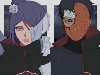 1boy 1girl akatsuki_(naruto) akatsuki_uniform black_hair blue_hair broken_mask coat doong eyeshadow flower hair_bun hair_flower hair_ornament konan_(naruto) lips makeup mask naruto_(series) naruto_shippuuden orange_eyes paper rain red_eyes scar scar_on_face sharingan short_hair spiked_hair tobi_(naruto) uchiha_obito
