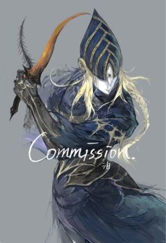 1girl armor blonde_hair braid commission dagger dark_souls_(series) dark_souls_i dual_wielding grey_background highres holding holding_dagger holding_knife holding_weapon jivynni knife long_hair lord's_blade_ciaran simple_background solo standing weapon white_mask